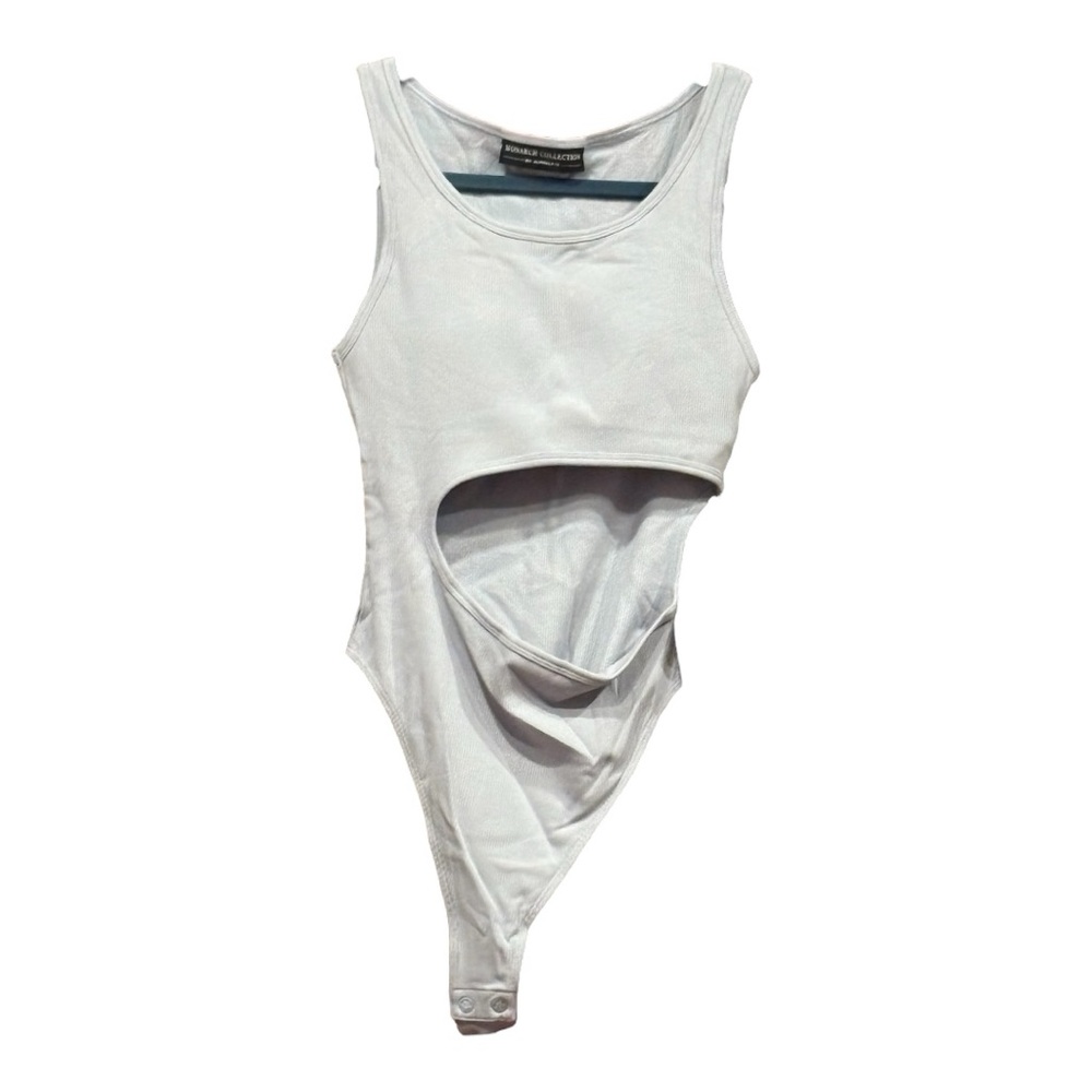Alphalete Monarch Collection Cutout Bodysuit in Light Gray Ribbed Knit NWT S BJ5 - Picture 2 of 7